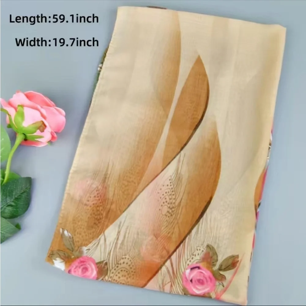 Chiffon Imitation Silk Khaki Floral Scarf Wrap